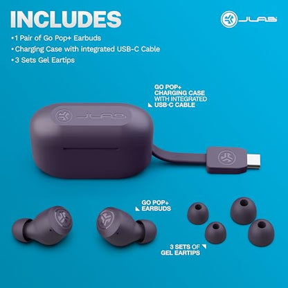 JLab Go Air Pop+ True Wireless Earbuds, in Ear Headphones, Bluetooth Earphones, 35H Playtime Ear Buds, Bluetooth Earbuds with Microphone, USB-C Charging Case, Dual Connect, EQ3 Sound, Violet | Wireless Earphones, IP55 True Wireless Earbuds with Microphone