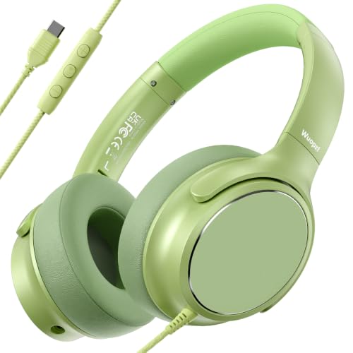 USB C Wired Over-Ear Headphones with Microphone | Volume Control, Share Port, Adjustable Headband Foldable Stereo Headset for Adult/Teens for iPhone 16, Laptop, Gaming, Travel - color: Grass Green