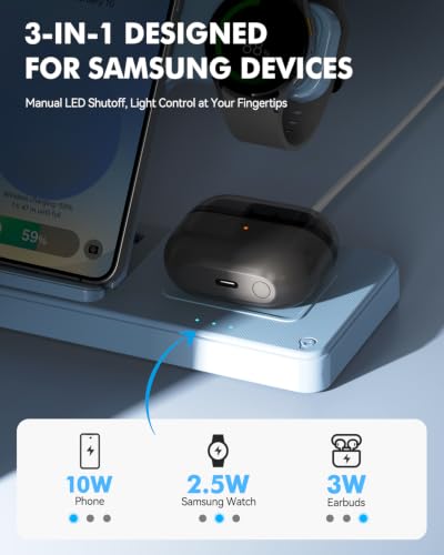 3-in-1 Charging Station for Samsung, Foldable Wireless Charger Stand | Android Phone and Watch Charger for Samsung S26/S25/S24/S23/S22/S21, Note 20/10, Z Fold 6/5, Galaxy Buds and Watch-Blue - color: Blue