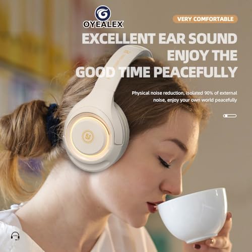 Adult Bluetooth Over Ear Headphones, Beige | Active Noise Cancelling,Wireless Microphone HiFi Audio Deep Bass for Man & Women,Comfortable Fit,Rechargeable Long Lasting