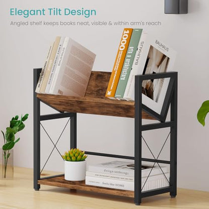 ELITEROO Desktop Bookshelf, 2 Tier Desk Shelf Organizer, Wooden Tabletop Bookcase, Small Desk Top Book Rack for Office, Home, Bedroom, Small Space Storage and Display, Rustic Brown - color: Rustic Brown