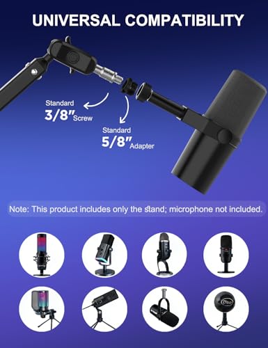 Microphone Boom Arm, 360° Rotatable Heavy Duty Stable Metal Low Profile Mic Arm Stand Desk Mount for Podcast Live Streaming Gaming Studio, with Cable Management, 3/8'' to 5/8'' Adapter