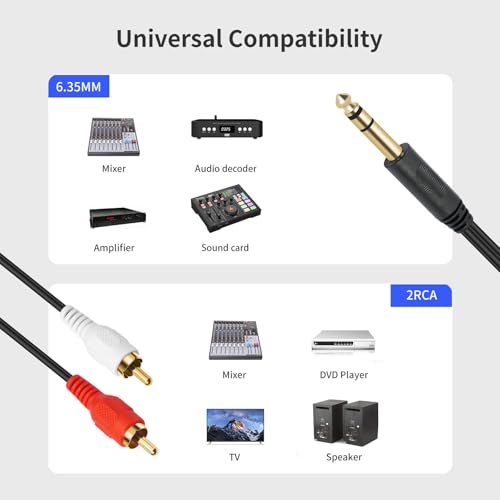 Gold-Plated 6.35mm 1/4 inch Male TRS Stereo Plug to 2 RCA Phono Male Audio Y Splitter Cable,Connector Wire Cord Plug (1.5M) - size: 6.35-TRS-2RCAM