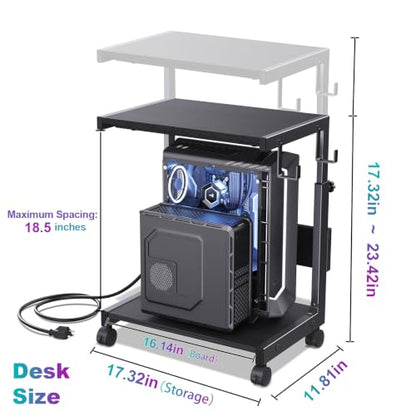 Computer Tower Stand with Charging Station, for Small and Mid-Tower PCs | Height Adjustable PC Stand with Wheel, CPU Holder with 2 AC Outlets + 2 USB Ports, 2-Tier Storage, Durable Metal Frame - color: Black