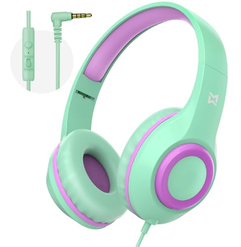 Kids Headphones with Mic, 94dB Volume Limit Over Ear Kids Headphones Wired for School - Mint