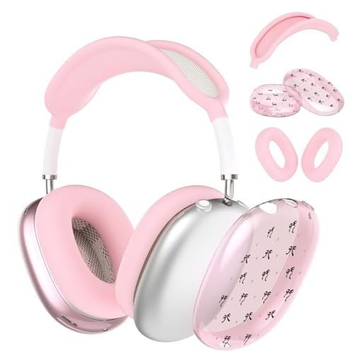 Silicone Case Cover for AirPods Max Headphones, Clear Black Bow Soft TPU Ear Cups Cover/Ear Pad Case Cover/Headband Cover for AirPods Max (2024/2020), Pink - color: Black Bow/Pink