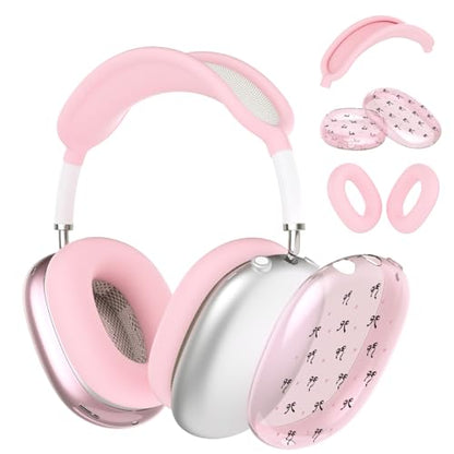 Silicone Case Cover for AirPods Max Headphones, Clear Black Bow Soft TPU Ear Cups Cover/Ear Pad Case Cover/Headband Cover for AirPods Max (2024/2020), Pink - color: Black Bow/Pink