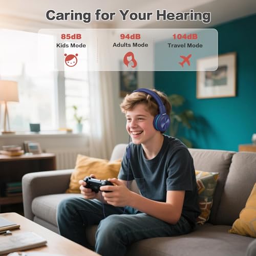SIMOLIO 2 Pack Wired Headphones with Share Port, Foldable Headset with MIC | Manyshare Series, Durable for Teen Girls Boys, Over Ear Headset w/ Volume Limited for Tablet PC Chromebook School Travel Gift - color: Pink & Deep Blue 3.5mm