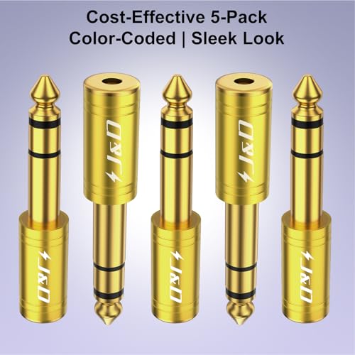 J&D 5-Pack 1/4 to 1/8 Headphone Adapter, 6.35 mm to 3.5 mm Stereo TRS Male to Female, Gold-Plated 3.5mm Plug Jack Connector for Guitar, Amp, Keyboard, Bass, Yellow - color: Yellow