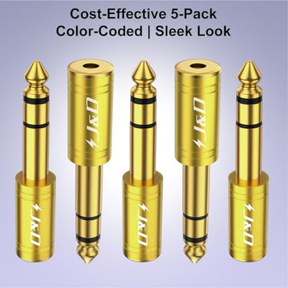 J&D 5-Pack 1/4 to 1/8 Headphone Adapter, 6.35 mm to 3.5 mm Stereo TRS Male to Female, Gold-Plated 3.5mm Plug Jack Connector for Guitar, Amp, Keyboard, Bass, Yellow - color: Yellow