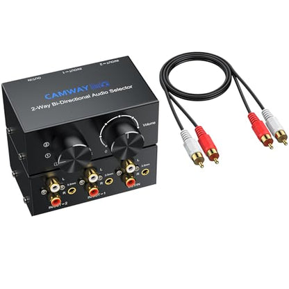 CAMWAY 2X1,1X2 RCA Switcher - RCA L/R and Aux 3.5mm Bi-Directional Stereo Audio Selector Box, Portable with Volume/Off Knob,Professional Audio Splitter for Multiple Audio Source