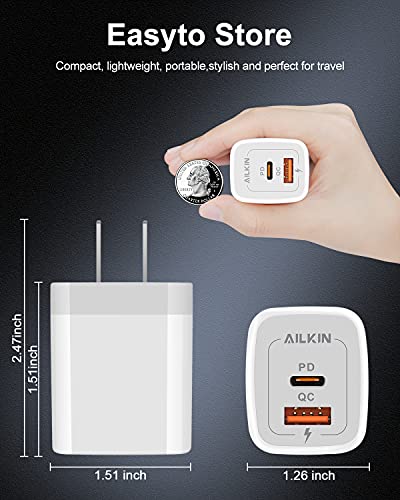 3Pack Dual Port USB-C Wall Plug-in USBC Charger, AILKIN 20W Power Delivery | QC3.0 USB A Double Port Fast Charging Block for iPhone 17 15 14 13 12 Pro Max 14 Pro Mini 16Pro Max 16 Plus 16E X XS Cube - color: White