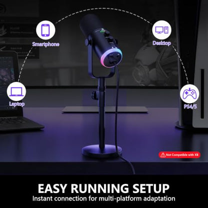Podcast Microphone,USB/XLR Dynamic Mic,RGB Light,Mute‑Button,Stand,TX2