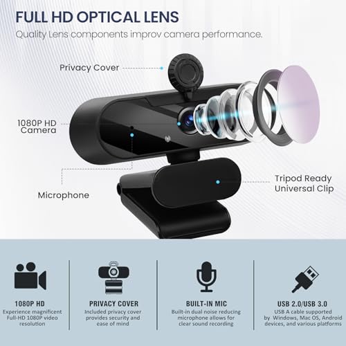 USB HD 1080P Video Webcam and Wide Angle Camera with Built-in Microphone and Rotatable Tripod,for Laptop Computer or Desktop PC,Great for Live Streaming.Calls.Video Conferencing - 1(Grey)