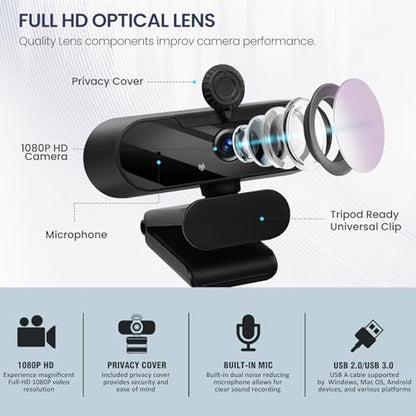 USB HD 1080P Video Webcam and Wide Angle Camera with Built-in Microphone and Rotatable Tripod,for Laptop Computer or Desktop PC,Great for Live Streaming.Calls.Video Conferencing - 1(Grey)