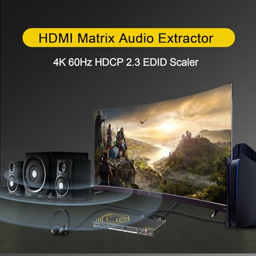 HDMI Matrix 4 in 2 Out 4K 60Hz 4:4:4 ARC HDR D-olby Vision Atmos SPDIF 5.1CH Breakout 3.5mm Stereo HDCP2.2- PC Console 16 EDID HDMI Scaler 4K 1080P Sync, HDCP2.2 HDMI2.0 Matrix 4x2 IR Remote