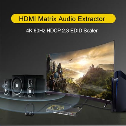 HDMI Matrix 4 in 2 Out 4K 60Hz 4:4:4 ARC HDR D-olby Vision Atmos SPDIF 5.1CH Breakout 3.5mm Stereo HDCP2.2- PC Console 16 EDID HDMI Scaler 4K 1080P Sync, HDCP2.2 HDMI2.0 Matrix 4x2 IR Remote