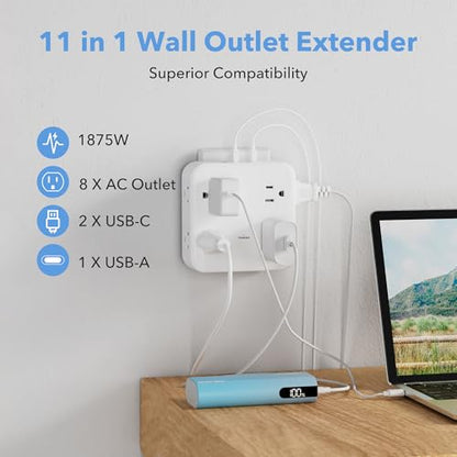 BN-LINK Multi Plug Outlet Extender with 8 Outlets 3 USB Ports (1 USB C), Surge Protector 800 Joules, 4-Sided Multiple Plug Expander Outlet Splitter for Home, Office, 15A/1875W, White - size: 8 Outlets (USB)