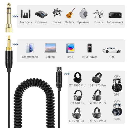 Replacement Audio Cable for Beyerdynamic DT 1990 Pro, DT 1770 Pro, DT 990 Pro, DT 990 Pro X, DT 770 Pro, DT 770 Pro X Headphone, for AKG Q701, Q702, K712, K240, With 6.35mm Adapter (4.6 FT-13.4 FT)