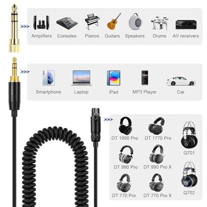 Replacement Audio Cable for Beyerdynamic DT 1990 Pro, DT 1770 Pro, DT 990 Pro, DT 990 Pro X, DT 770 Pro, DT 770 Pro X Headphone, for AKG Q701, Q702, K712, K240, With 6.35mm Adapter (4.6 FT-13.4 FT)