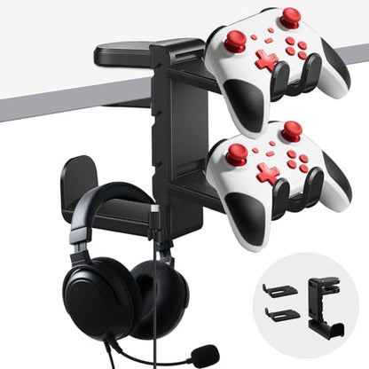 Premium Headset Stand & Gaming Headphone & Controller Holder - 360° Adjustable Under Desk Hook with Cable Management, Black - Perfect Desk & PC Accessories