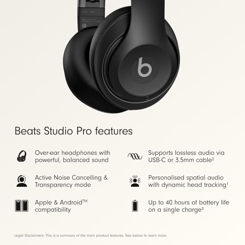 Beats Studio Pro Premium Wireless Over-Ear Headphones- Up to 40-Hour Battery Life, Active Noise Cancelling, Great for Travel & Commuting, USB-C Lossless Audio, Apple & Android Compatible -Black | Over-ear audio with active noise canceling, 40-hour battery