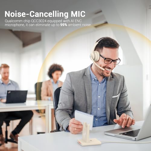 Bluetooth Wireless Headset with Mic for Work, Bluetooth 5.2, Advanced Noise Reduction Microphone, Clear Calls - Comfortable On-Ear Headphones, Applicable to PC, Laptop, Phone, Android, Zoom, Office - color: Apricot