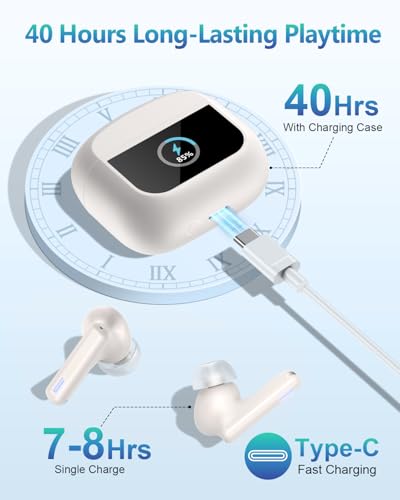 Wireless Earbuds Bluetooth Headphones, ANC/ENC Noise Cancelling, Ear Buds with Multifuntional Touch Screen, 40H Stereo Sound for Sports, IPX7 Clear Calls, 5 EQ for iOS Android - Beige