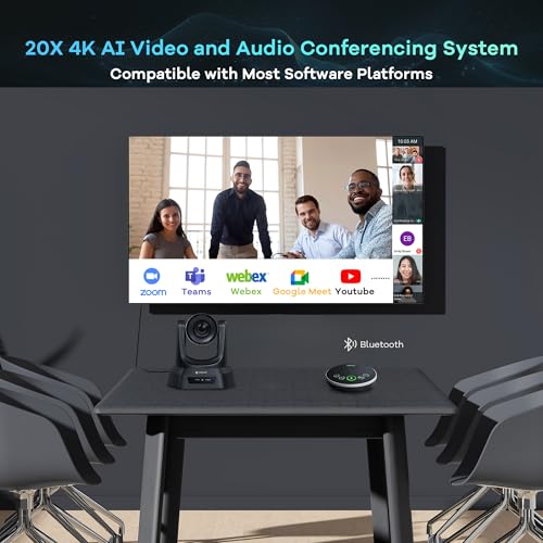 TONGVEO 4K AI Auto Tracking PTZ Conference Camera System with Bluetooth Speakerphone & Microphone, 20X Optical Zoom, USB3.0 HDMI LAN PoE Power Camera for Church Worship, Meetings, Streaming - color: Onyx