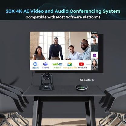 TONGVEO 4K AI Auto Tracking PTZ Conference Camera System with Bluetooth Speakerphone & Microphone, 20X Optical Zoom, USB3.0 HDMI LAN PoE Power Camera for Church Worship, Meetings, Streaming - color: Onyx