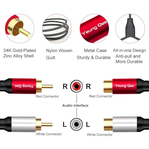 2RCA Male to 2RCA Female Extension Cable 1.5 ft, 2 RCA Extension Cable Nylon Braid 2 RCA Male to 2 RCA Female Stereo Audio Extension Cord (1.5FT/0.5M) - size: 1.5 ft