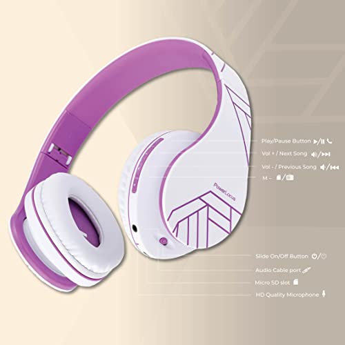 PowerLocus Bluetooth Over-Ear Headphones, Wireless Stereo Foldable Headphones Wireless and Wired Headsets with Built-in Mic, Micro SD/TF, FM for iPhone/Samsung/iPad/PC (White/Violet) - color: White/Violet