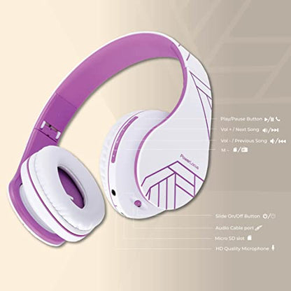 PowerLocus Bluetooth Over-Ear Headphones, Wireless Stereo Foldable Headphones Wireless and Wired Headsets with Built-in Mic, Micro SD/TF, FM for iPhone/Samsung/iPad/PC (White/Violet) - color: White/Violet