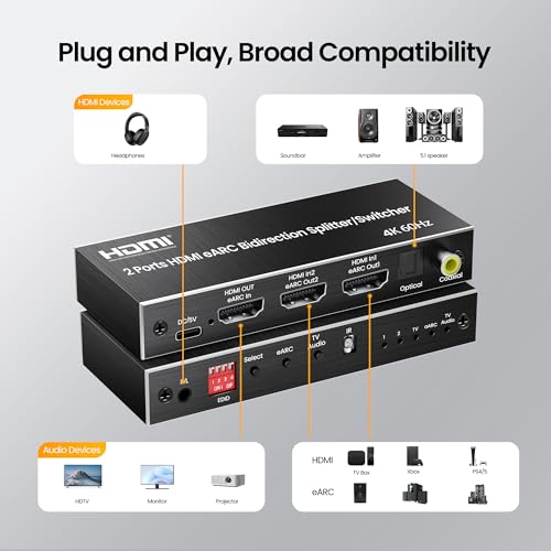 HDMI eARC Audio Extractor, HDMI Splitter 1x2, 4K@60Hz Switch 2 in 1 Out
