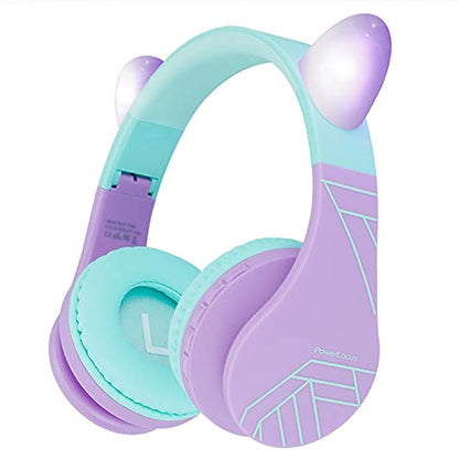 PowerLocus Bluetooth Headphones for Kids, Wireless Foldable Headphones Over Ear, Headphone with Microphone, 85DB Volume Limit, Wireless and Wired Headset with Micro SD, FM for Cellphones, Tablets, PC - color: Teal/Purple Cat Ears