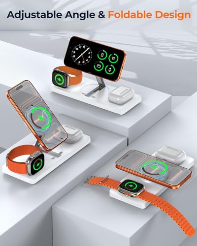 Foldable 3-in-1 Wireless Charging Station for Apple Magsafe Charger Stand, Travel-Friendly Fast Magnetic Wireless Charger Station for iPhone 17/16/15/14/13/12, Apple Watch & AirPods Series, White - color: White