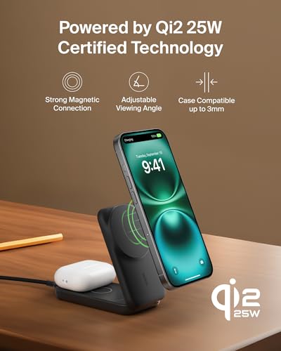 Belkin Qi2.2 25W Wireless 2 in 1 Foldable Fast Charging Station for iPhone | Fast Charging, MagSafe Compatible, iPhone 17/16/15, AirPods, Travel Charger, Magnetic - color: Black