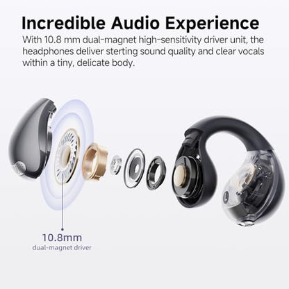 QCY Crossky C30 Open Ear Headphones Wireless Bluetooth, Clip-On Earbuds with 4 ENC Noise Cancelling Mic, Stable Fit, Dual Connection, EQ Customized, Sports Earphones for Workout/Running - color: Black