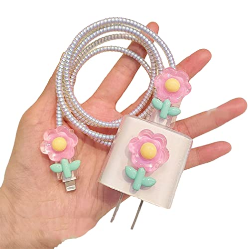 ZOSTLAND 5 in 1 DIY 18W 20W Heart Shape Protector Data Cable USB Charger Line Earphone Wire Saver Organizer Compatible with iPhone 11 12 13 14 15 Pro Max (Flower Pink)