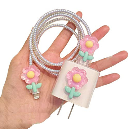 ZOSTLAND 5 in 1 DIY 18W 20W Heart Shape Protector Data Cable USB Charger Line Earphone Wire Saver Organizer Compatible with iPhone 11 12 13 14 15 Pro Max (Flower Pink)