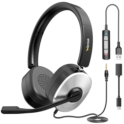 Wantek USB Headset with Microphone for PC, Wired On-Ear | Noise Cancelling Mic, USB/3.5mm/Type-C, Home Office, Work, Call Center, Online Courses, Skype, Zoom（Silver）