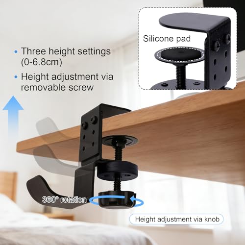 2pcs Heavy Duty Desk Clamp Hook, Carbon Steel 360° Rotating Under Desk Table Bag Hook Clamp on Hanger Office Gaming Accessories for Umbrellas Backpack Headphone Purse (Black)