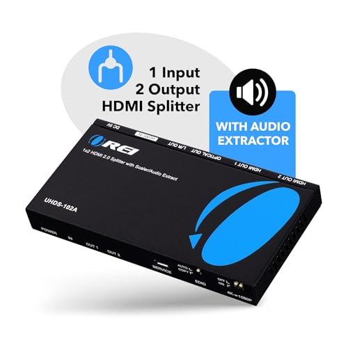 OREI 1x2 2.0 HDMI Splitter with Scaler Audio Extractor 2 Ports with Full Ultra HDCP 2.4K at 60Hz & 3D Supports EDID Control - UHDS-102A | HDMI 2.0b, HDCP2.2/HDCP1.4 compliant. Supports digital and analog audio extract output from HDMI source. - style: 1X2