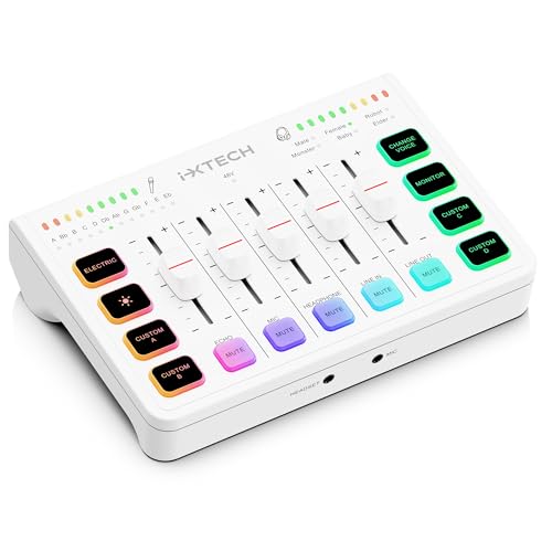 IXTECH Gaming Audio Mixer 4 Channel Soundboard, Streaming RGB PC Audio Interface with XLR Microphone Support, Audio Equalizer for Gaming Podcast Streaming Karaoke, Individual Volume Controls (White)
