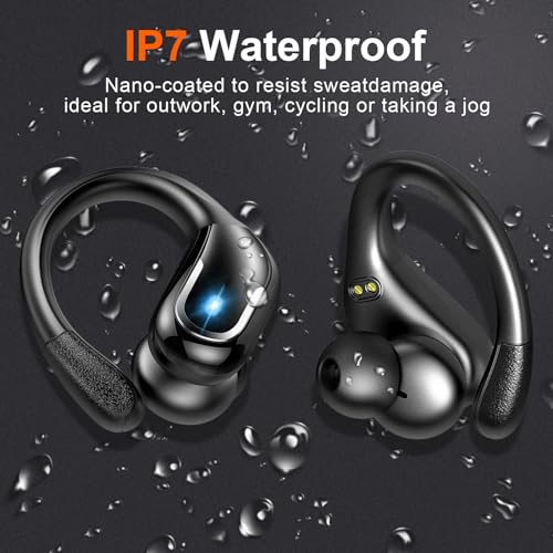 Ltinist Wireless Earbud, Bluetooth 5.3 Headphones Pure Bass Sound with Earhooks, 75H Battery Over Ear Headphones with Dual-LED Display, IP7 Waterproof Earphones Built-in Microphone for Running Sports - color: carbon black