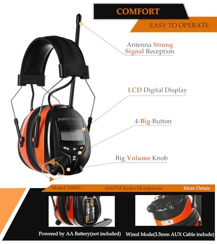 Digital AM FM Radio Headphones, Hearing Protection Earmuff for Adult, 30dB SNR for Mowing, Construction, Chainsaw - color: Am Fm Radio + Battery + Orange