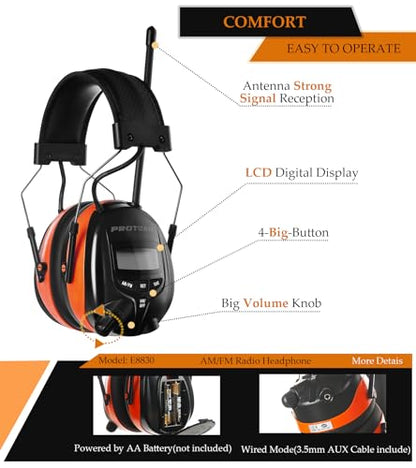 Digital AM FM Radio Headphones, Hearing Protection Earmuff for Adult, 30dB SNR for Mowing, Construction, Chainsaw - color: Am Fm Radio + Battery + Orange