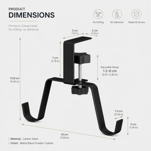Clamp-On Under Desk Hook – Adjustable Headphone & Bag Holder for Table/Desk – Fits 1-5cm Plate – Reduces Clutter (Black)