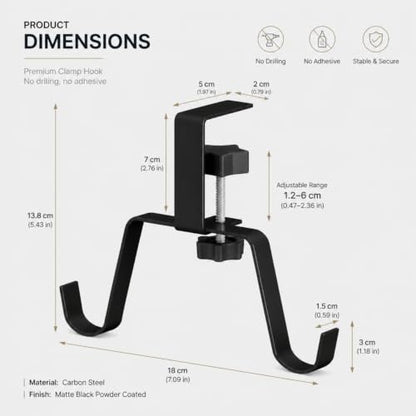 Clamp-On Under Desk Hook – Adjustable Headphone & Bag Holder for Table/Desk – Fits 1-5cm Plate – Reduces Clutter (Black)