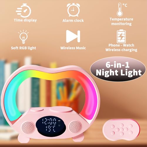 IHAO 6in1 Multi Functional Wireless Charger Bluetooth Speaker Time&Temperature Display Alarm Clock 7-Color LED Night Lights Fast Charger for Phone Apple Watch Earbuds Remote Control-White - color: Wireless Charger Alarm Clock Zs932 White